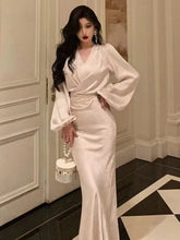 BXOXO party look inspos Elegant Satin Bodycon Print Midi Dresses for Women Lantern Sleeve V-neck Slim Waist Mermaid Party Dress Autumn Female Vestidos